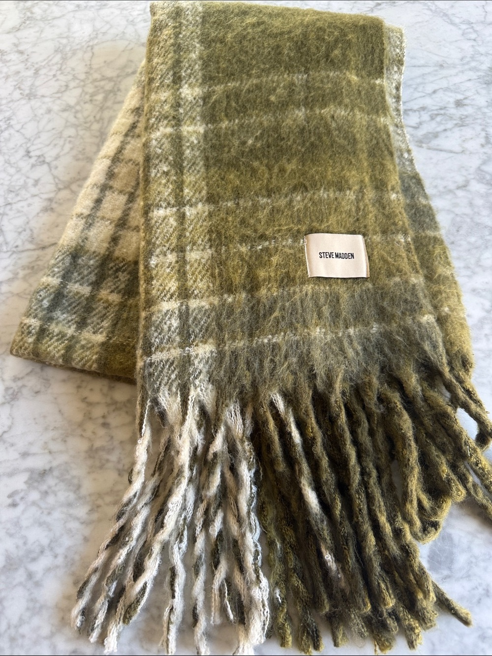 Steve Madden Olive & Cream Plaid Fringe Scarf
